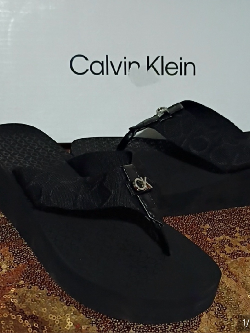 Calvin Klein Black Satin Logo Thong Flip Flops